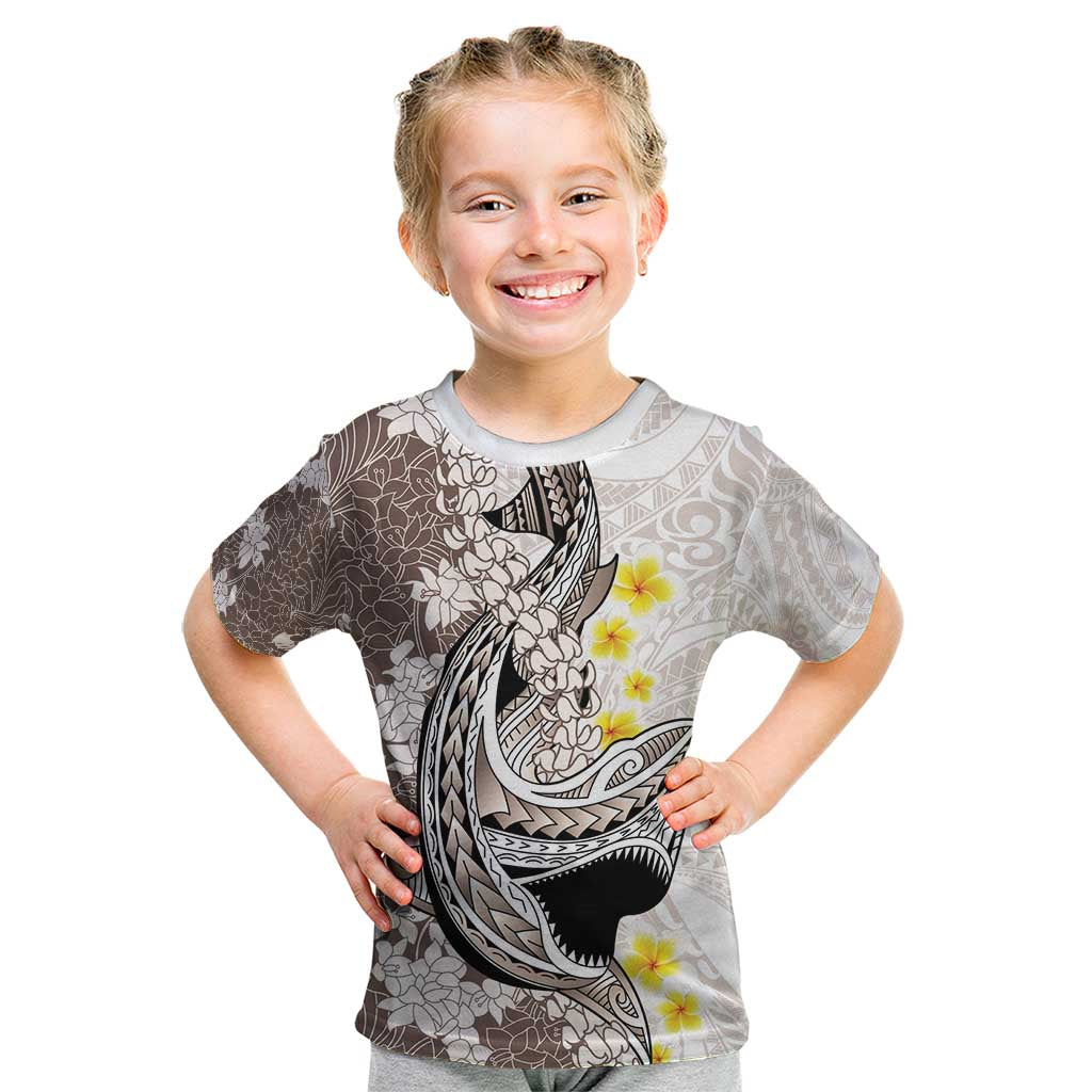 Brown and White Hawaii Shark Tattoo Kid T Shirt Puakenikeni Lei Plumeria Polynesian Pattern - Polynesian Pride