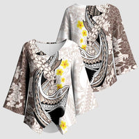 Brown and White Hawaii Shark Tattoo Kimono Sleeve Blouse Puakenikeni Lei Plumeria Polynesian Pattern - Polynesian Pride