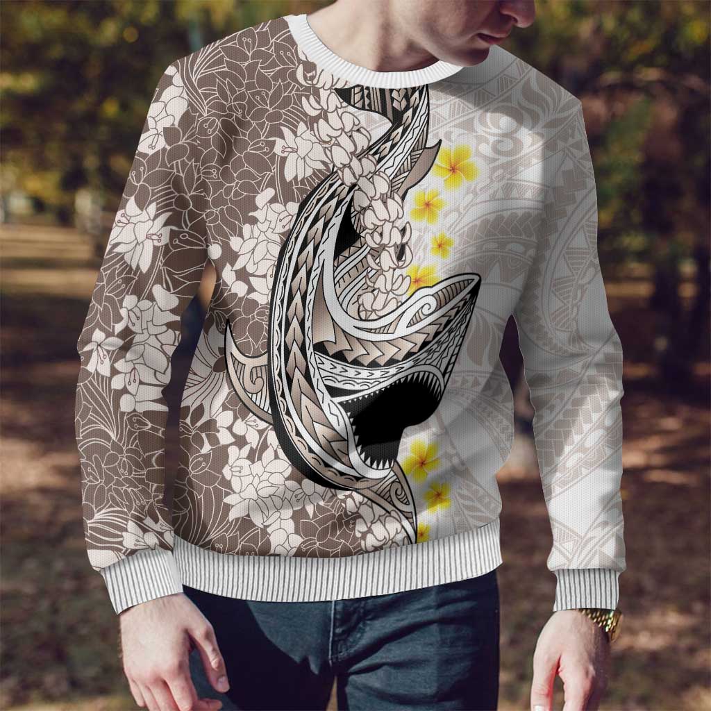 Brown and White Hawaii Shark Tattoo Ugly Christmas Sweater Puakenikeni Lei Plumeria Polynesian Pattern - Polynesian Pride