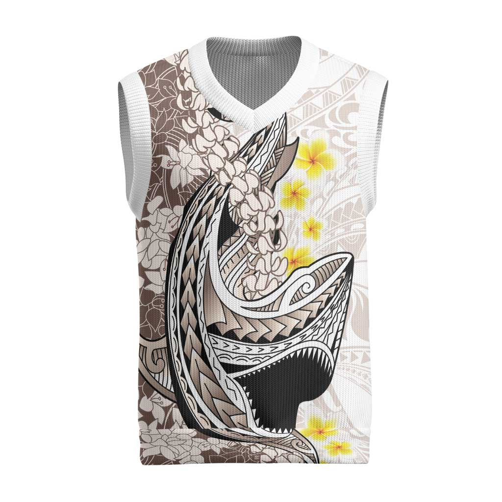 Brown and White Hawaii Shark Tattoo Christmas Knitted V-Neck Vest Puakenikeni Lei Plumeria Polynesian Pattern - Polynesian Pride
