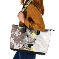 Brown and White Hawaii Shark Tattoo Leather Tote Bag Puakenikeni Lei Plumeria Polynesian Pattern - Polynesian Pride