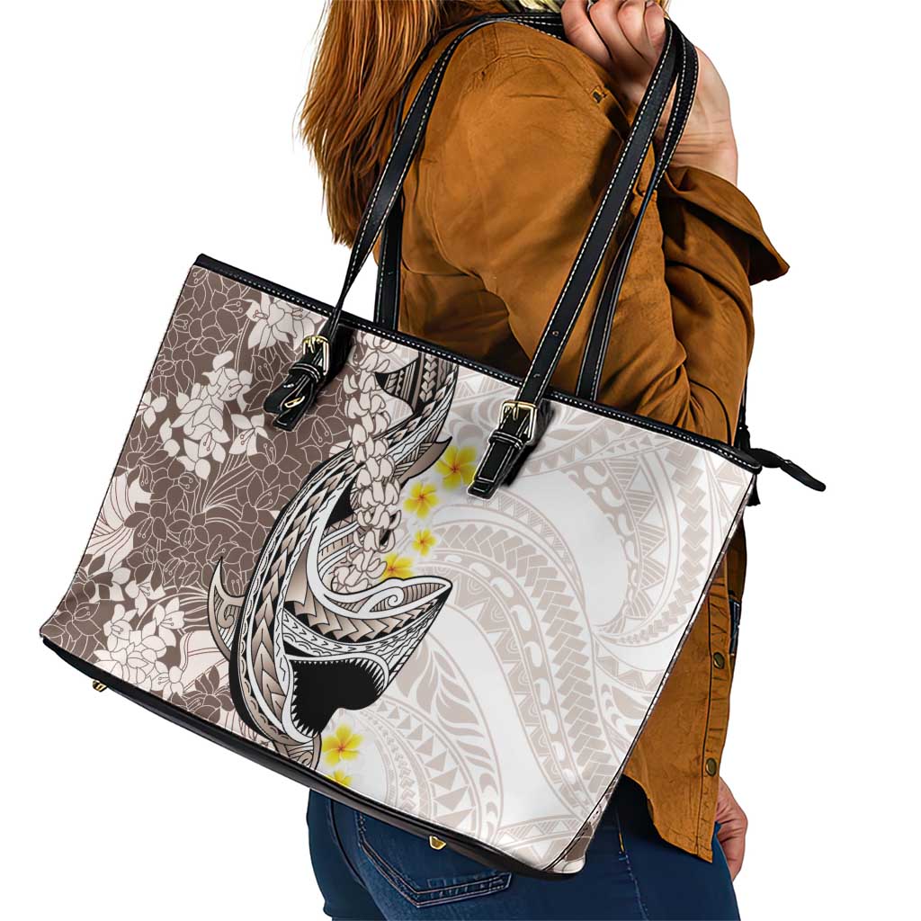 Brown and White Hawaii Shark Tattoo Leather Tote Bag Puakenikeni Lei Plumeria Polynesian Pattern - Polynesian Pride