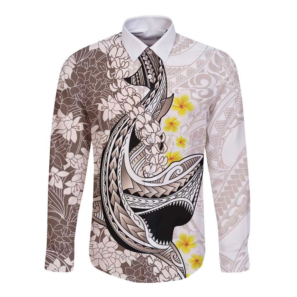 Brown and White Hawaii Shark Tattoo Long Sleeve Button Shirt Puakenikeni Lei Plumeria Polynesian Pattern - Polynesian Pride