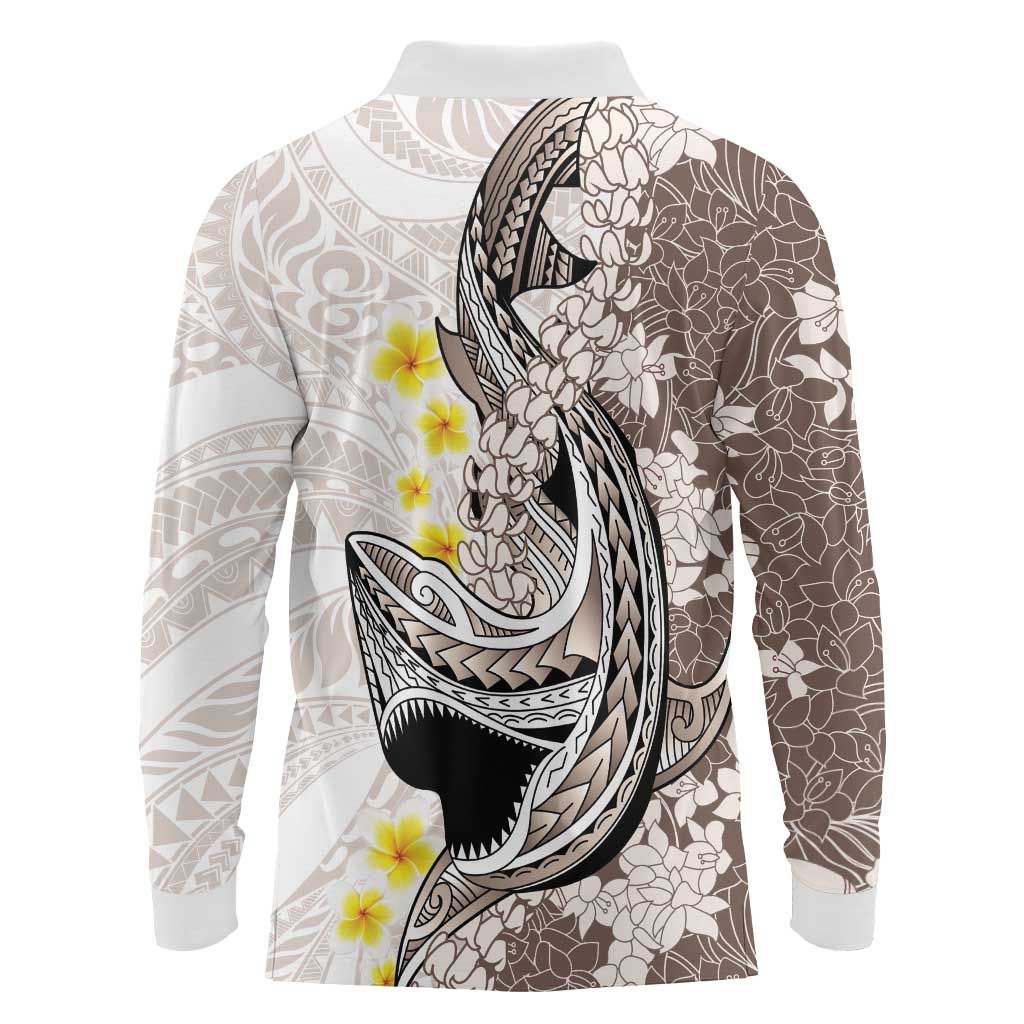 Brown and White Hawaii Shark Tattoo Long Sleeve Polo Shirt Puakenikeni Lei Plumeria Polynesian Pattern - Polynesian Pride