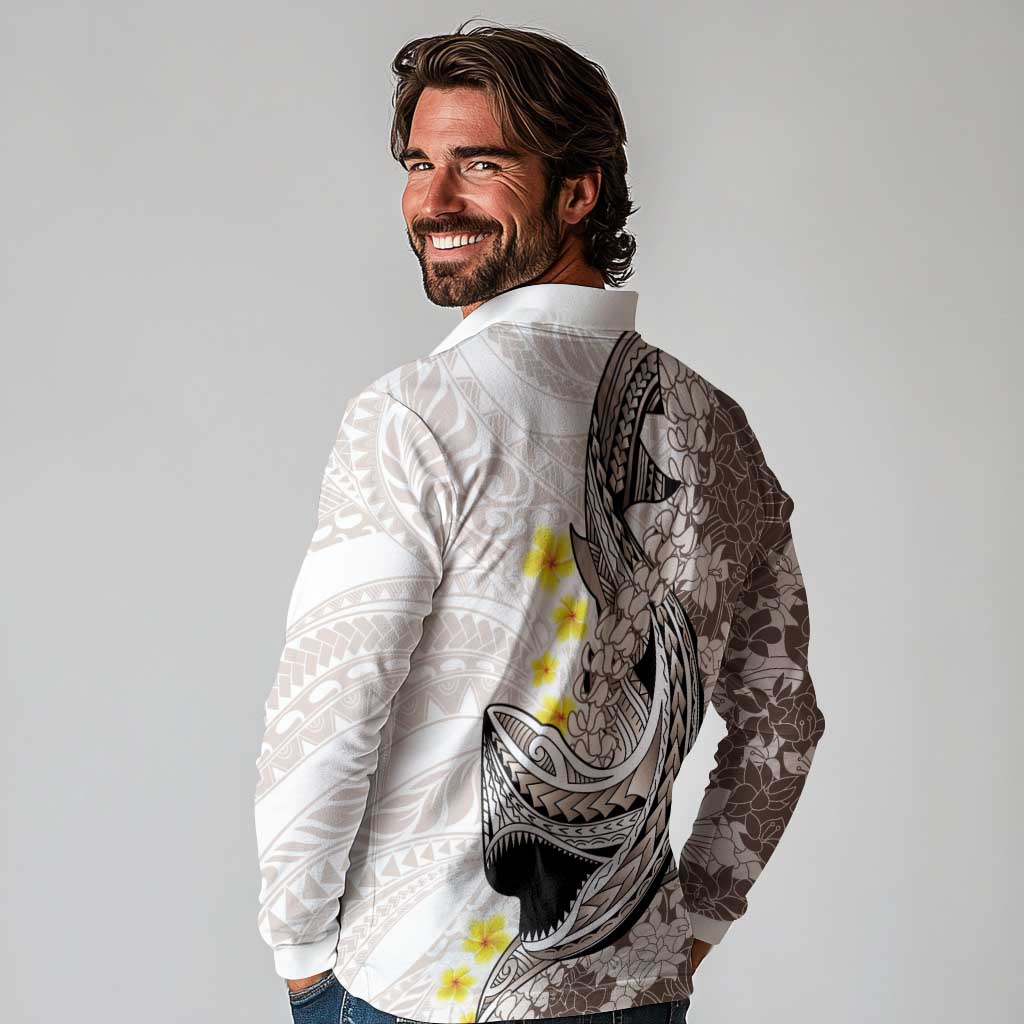 Brown and White Hawaii Shark Tattoo Long Sleeve Polo Shirt Puakenikeni Lei Plumeria Polynesian Pattern - Polynesian Pride