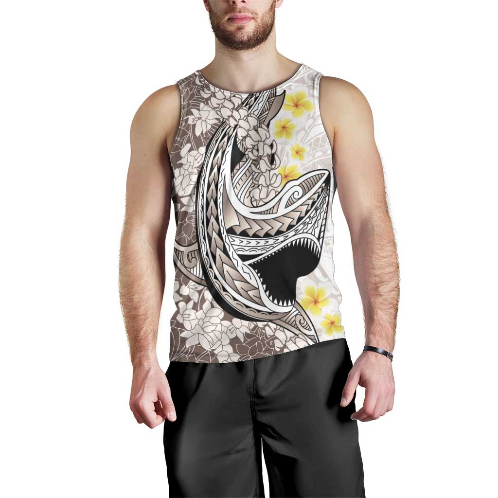 Brown and White Hawaii Shark Tattoo Men Tank Top Puakenikeni Lei Plumeria Polynesian Pattern - Polynesian Pride