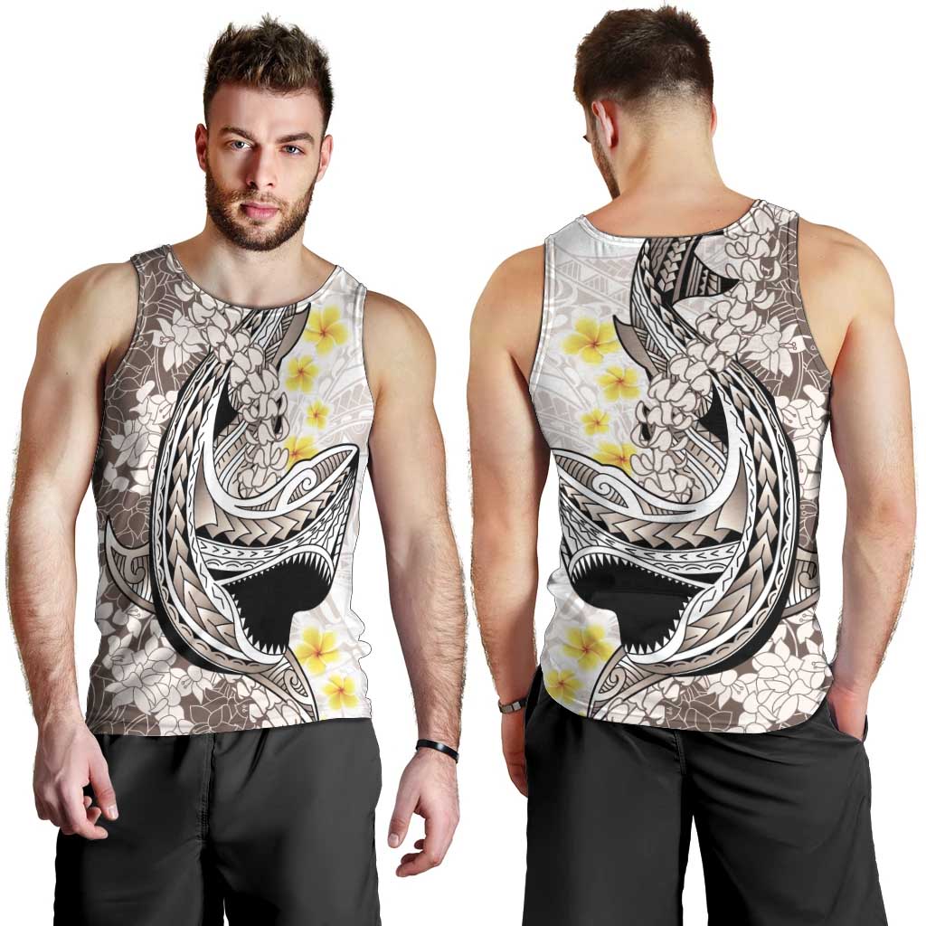 Brown and White Hawaii Shark Tattoo Men Tank Top Puakenikeni Lei Plumeria Polynesian Pattern - Polynesian Pride