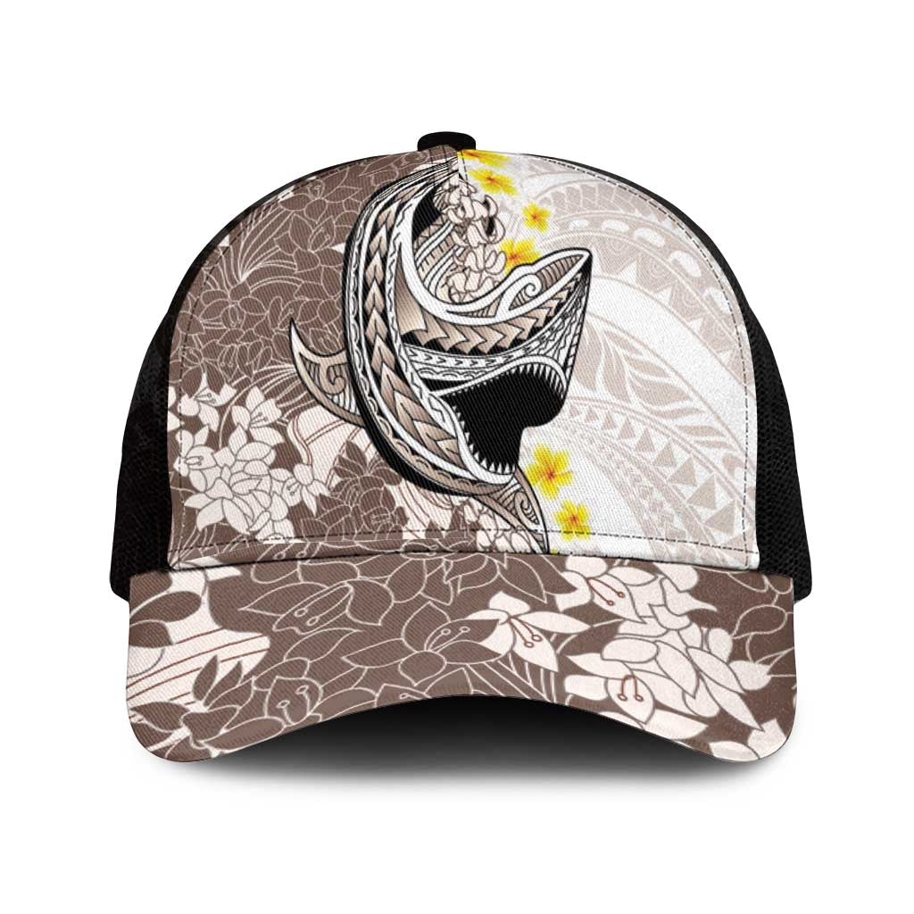 Brown and White Hawaii Shark Tattoo Mesh Trucker Cap Puakenikeni Lei Plumeria Polynesian Pattern - Polynesian Pride