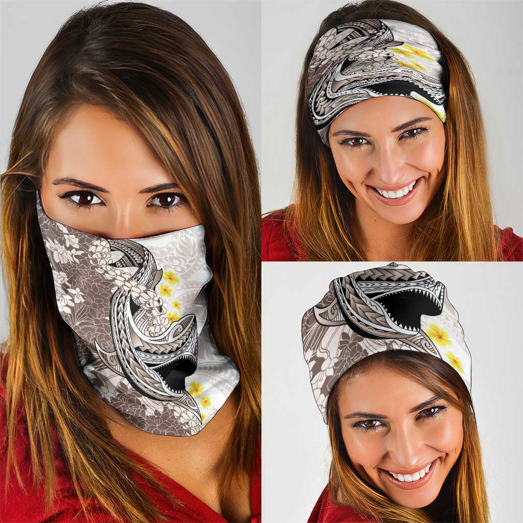 Brown and White Hawaii Shark Tattoo Neck Gaiter Puakenikeni Lei Plumeria Polynesian Pattern - Polynesian Pride