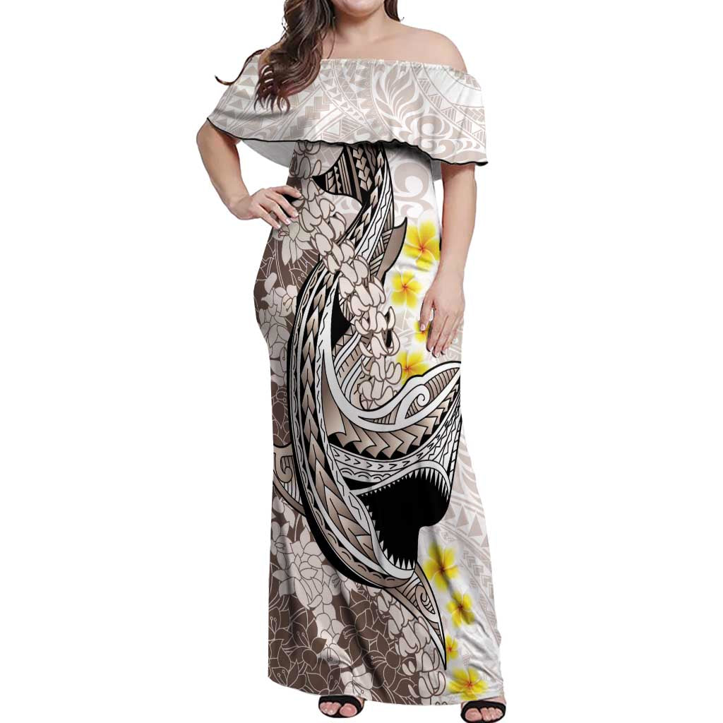 Brown and White Hawaii Shark Tattoo Off Shoulder Maxi Dress Puakenikeni Lei Plumeria Polynesian Pattern - Polynesian Pride