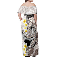 Brown and White Hawaii Shark Tattoo Off Shoulder Maxi Dress Puakenikeni Lei Plumeria Polynesian Pattern - Polynesian Pride