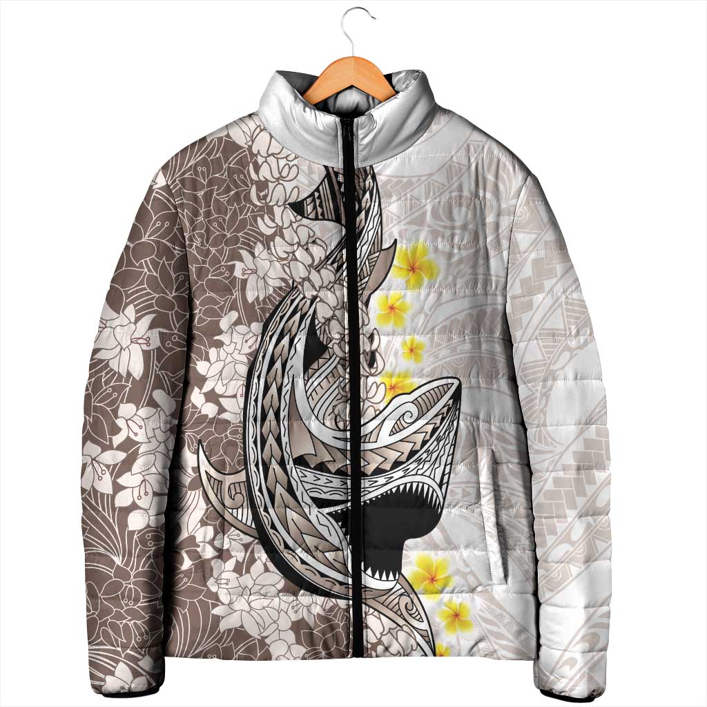 Brown and White Hawaii Shark Tattoo Padded Jacket Puakenikeni Lei Plumeria Polynesian Pattern - Polynesian Pride