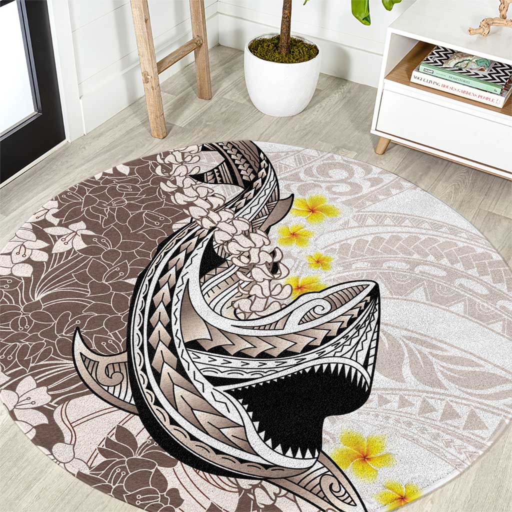 Brown and White Hawaii Shark Tattoo Round Carpet Puakenikeni Lei Plumeria Polynesian Pattern - Polynesian Pride
