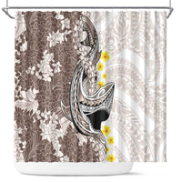 Brown and White Hawaii Shark Tattoo Shower Curtain Puakenikeni Lei Plumeria Polynesian Pattern - Polynesian Pride
