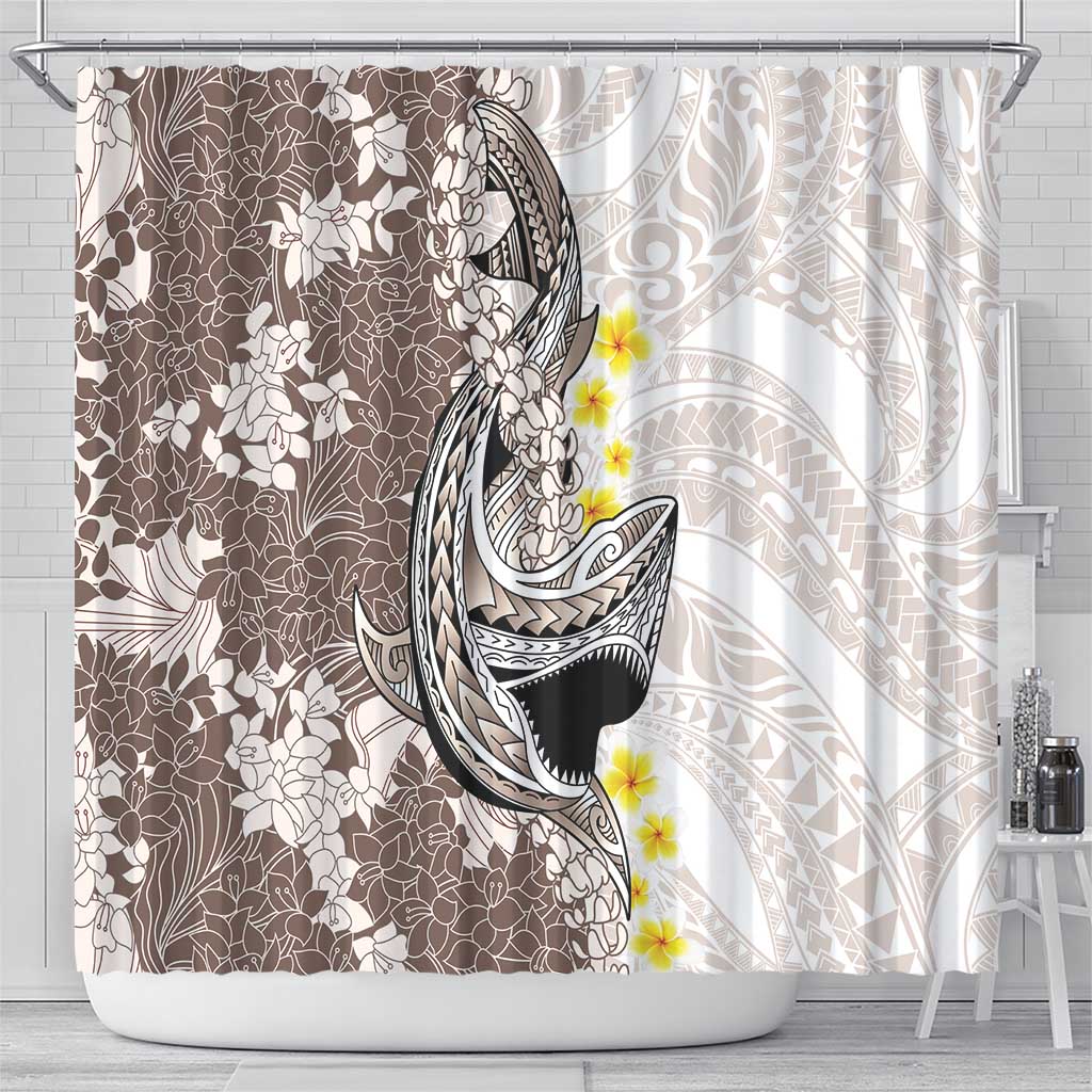 Brown and White Hawaii Shark Tattoo Shower Curtain Puakenikeni Lei Plumeria Polynesian Pattern - Polynesian Pride