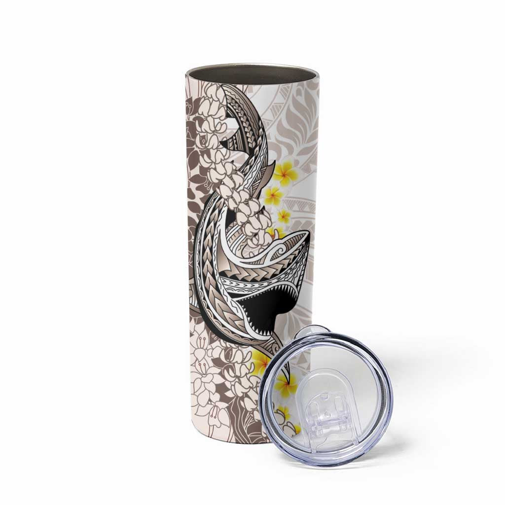 Brown and White Hawaii Shark Tattoo Skinny Tumbler Puakenikeni Lei Plumeria Polynesian Pattern - Polynesian Pride