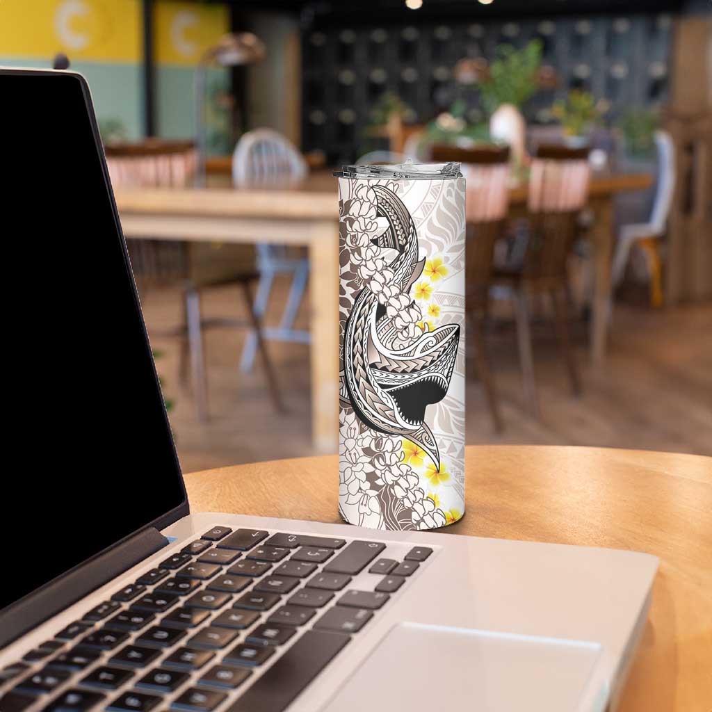 Brown and White Hawaii Shark Tattoo Skinny Tumbler Puakenikeni Lei Plumeria Polynesian Pattern - Polynesian Pride