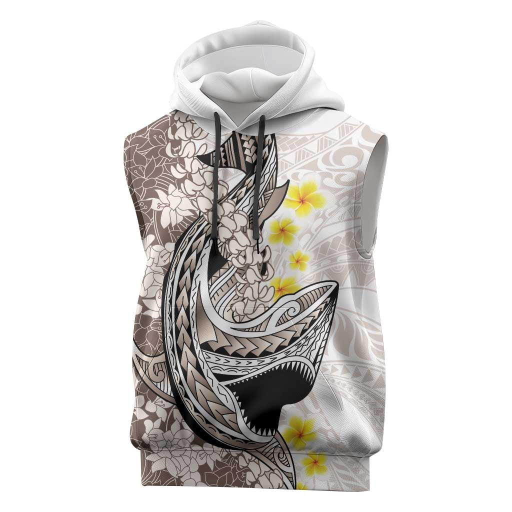 Brown and White Hawaii Shark Tattoo Sleeveless Hoodie Puakenikeni Lei Plumeria Polynesian Pattern - Polynesian Pride