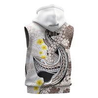 Brown and White Hawaii Shark Tattoo Sleeveless Zip Hoodie Puakenikeni Lei Plumeria Polynesian Pattern - Polynesian Pride