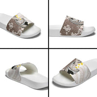 Brown and White Hawaii Shark Tattoo Slide Sandals Puakenikeni Lei Plumeria Polynesian Pattern - Polynesian Pride
