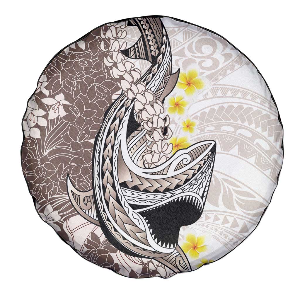 Brown and White Hawaii Shark Tattoo Spare Tire Cover Puakenikeni Lei Plumeria Polynesian Pattern - Polynesian Pride