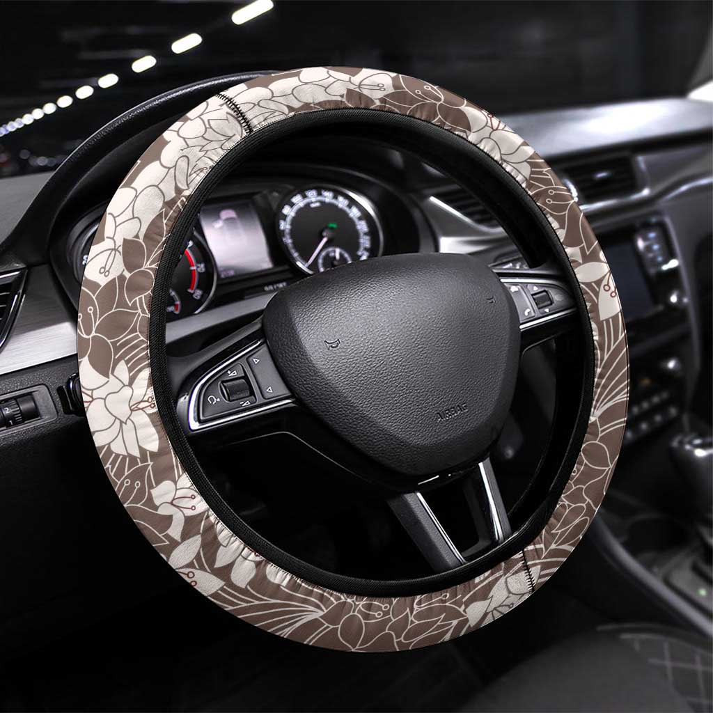 Brown and White Hawaii Shark Tattoo Steering Wheel Cover Puakenikeni Lei Plumeria Polynesian Pattern - Polynesian Pride