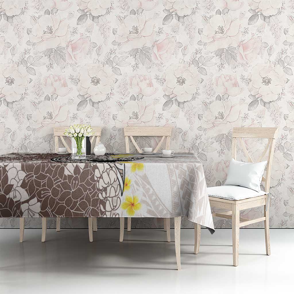 Brown and White Hawaii Shark Tattoo Tablecloth Puakenikeni Lei Plumeria Polynesian Pattern - Polynesian Pride