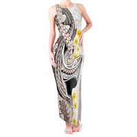 Brown and White Hawaii Shark Tattoo Tank Maxi Dress Puakenikeni Lei Plumeria Polynesian Pattern - Polynesian Pride