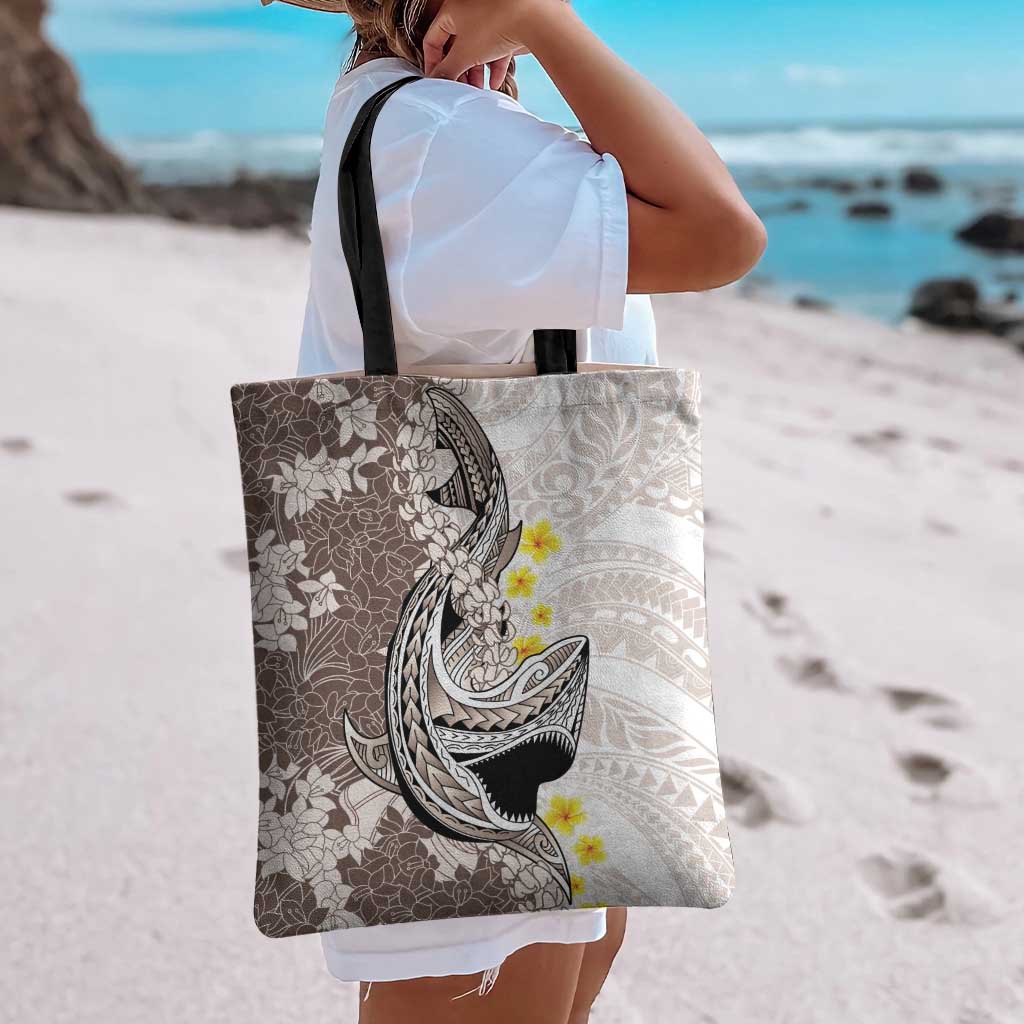 Brown and White Hawaii Shark Tattoo Tote Bag Puakenikeni Lei Plumeria Polynesian Pattern - Polynesian Pride