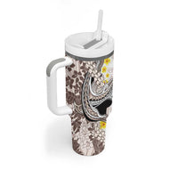 Brown and White Hawaii Shark Tattoo Tumbler With Handle Puakenikeni Lei Plumeria Polynesian Pattern - Polynesian Pride