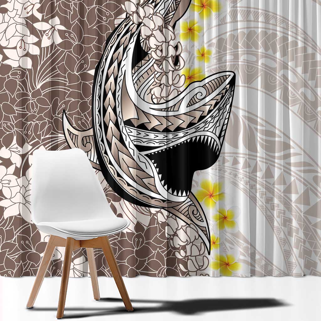 Brown and White Hawaii Shark Tattoo Window Curtain Puakenikeni Lei Plumeria Polynesian Pattern - Polynesian Pride