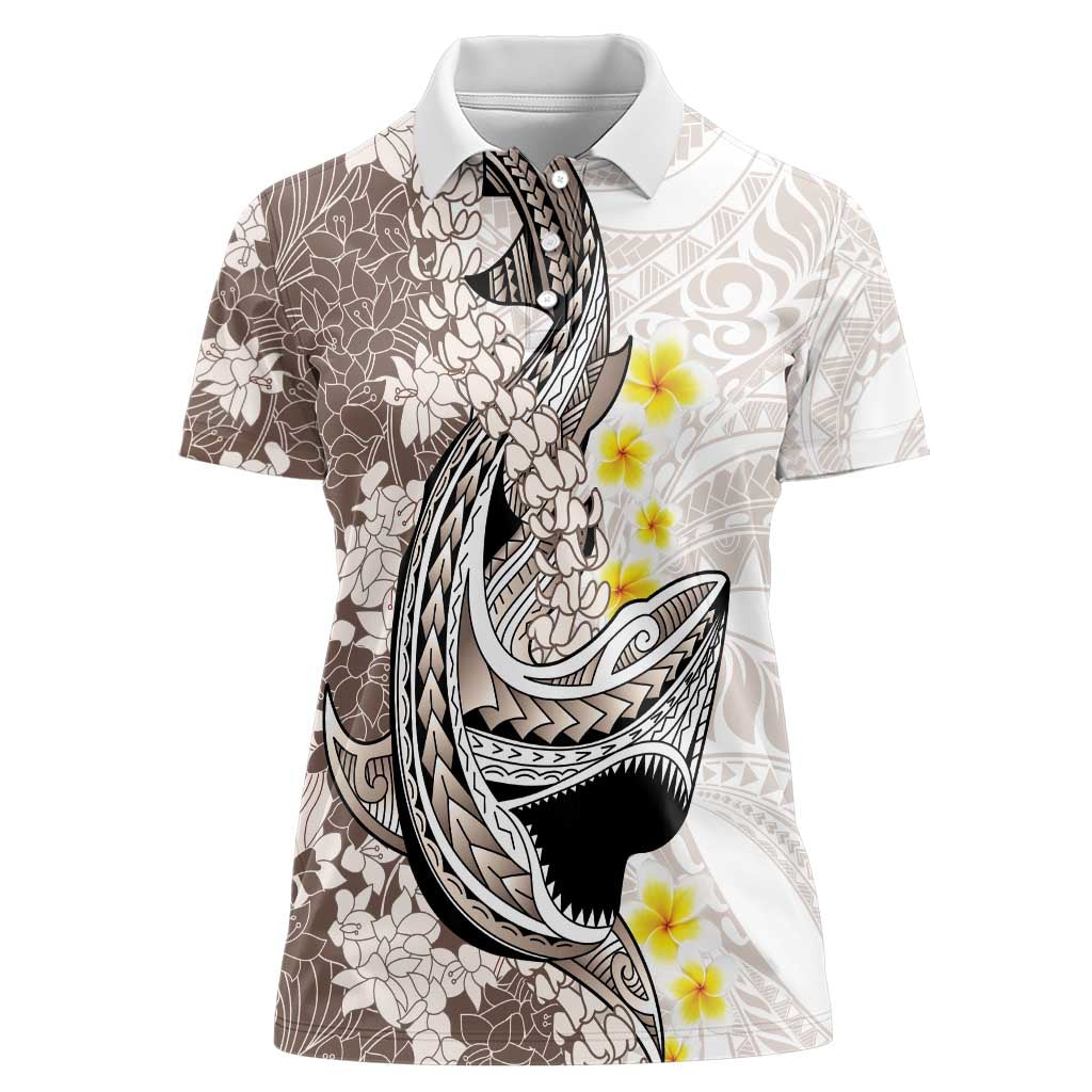 Brown and White Hawaii Shark Tattoo Women Polo Shirt Puakenikeni Lei Plumeria Polynesian Pattern - Polynesian Pride