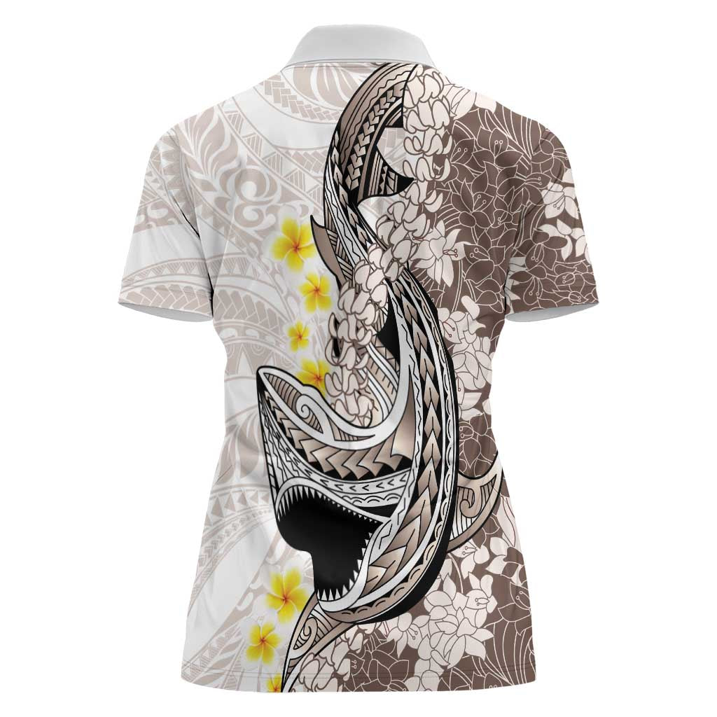 Brown and White Hawaii Shark Tattoo Women Polo Shirt Puakenikeni Lei Plumeria Polynesian Pattern - Polynesian Pride