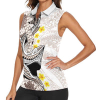 Brown and White Hawaii Shark Tattoo Women Sleeveless Polo Shirt Puakenikeni Lei Plumeria Polynesian Pattern - Polynesian Pride
