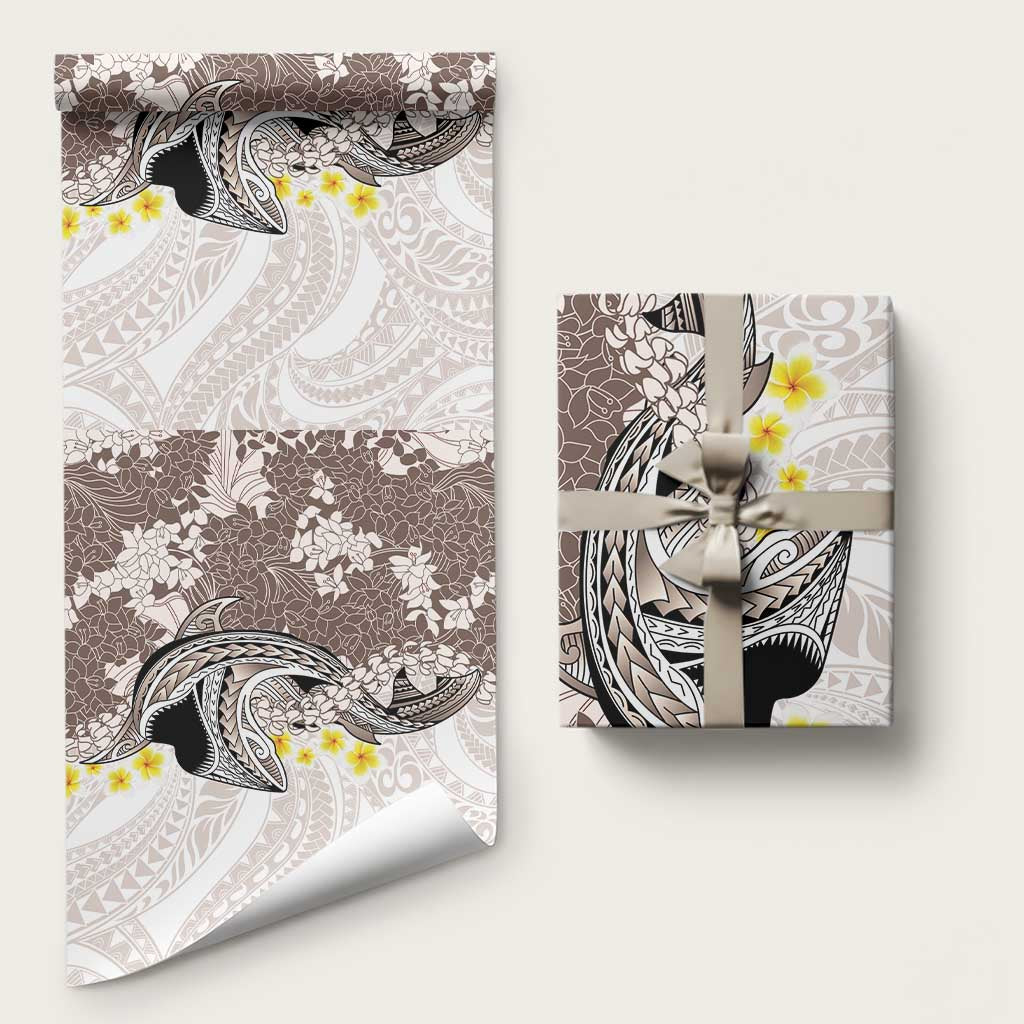 Brown and White Hawaii Shark Tattoo Wrapping Paper Puakenikeni Lei Plumeria Polynesian Pattern LT14 58" × 23" White - Polynesian Pride