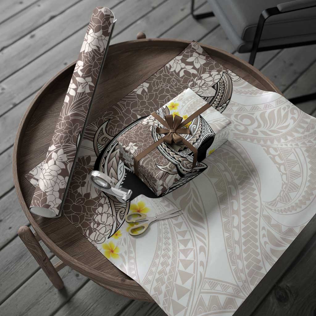 Brown and White Hawaii Shark Tattoo Wrapping Paper Puakenikeni Lei Plumeria Polynesian Pattern - Polynesian Pride