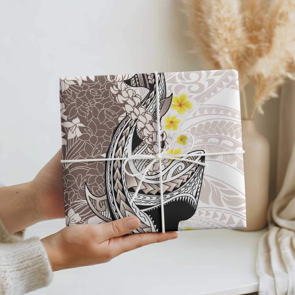 Brown and White Hawaii Shark Tattoo Wrapping Paper Puakenikeni Lei Plumeria Polynesian Pattern - Polynesian Pride