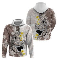 Brown and White Hawaii Shark Tattoo Zip Hoodie Puakenikeni Lei Plumeria Polynesian Pattern - Polynesian Pride