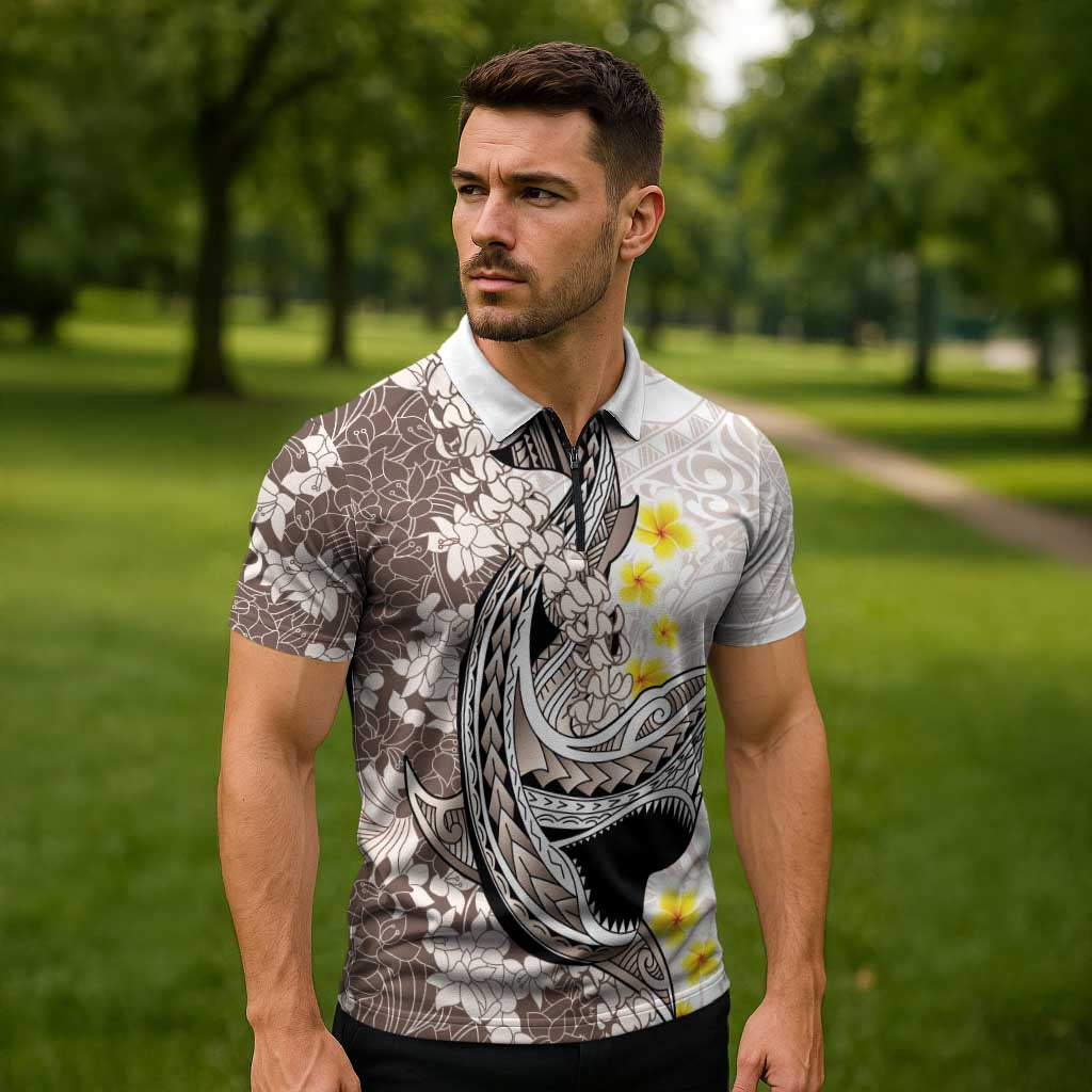 Brown and White Hawaii Shark Tattoo Zipper Polo Shirt Puakenikeni Lei Plumeria Polynesian Pattern - Polynesian Pride