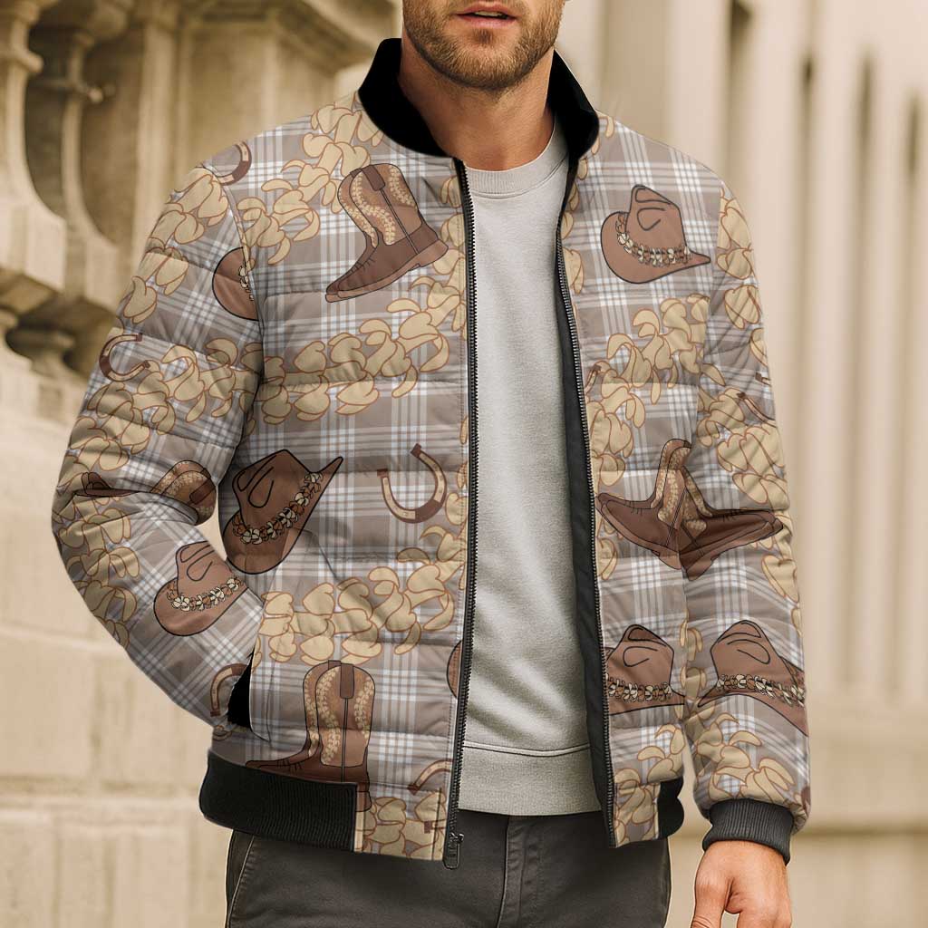 Khaki Palaka Hawaii Cowboy Bomber Puffer Jacket Puakenikeni Lei Paniolo Papale Seamless Vibes - Polynesian Pride
