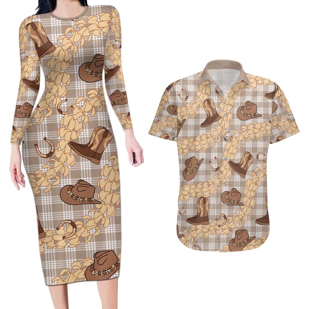 Khaki Palaka Hawaii Cowboy Couples Matching Long Sleeve Bodycon Dress and Hawaiian Shirt Puakenikeni Lei Paniolo Papale Seamless Vibes - Polynesian Pride
