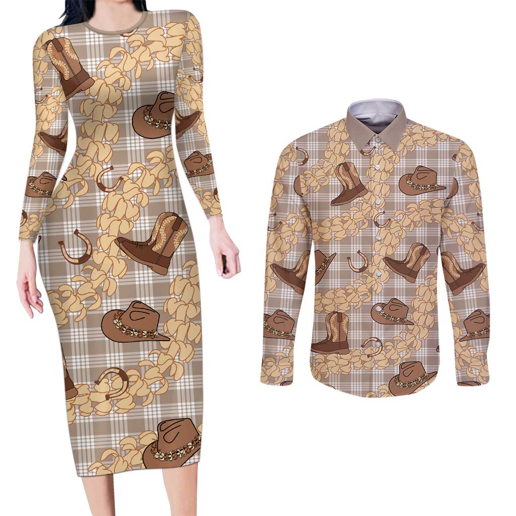 Khaki Palaka Hawaii Cowboy Couples Matching Long Sleeve Bodycon Dress and Long Sleeve Button Shirt Puakenikeni Lei Paniolo Papale Seamless Vibes - Polynesian Pride