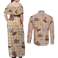 Khaki Palaka Hawaii Cowboy Couples Matching Off Shoulder Maxi Dress and Long Sleeve Button Shirt Puakenikeni Lei Paniolo Papale Seamless Vibes - Polynesian Pride