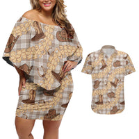 Khaki Palaka Hawaii Cowboy Couples Matching Off Shoulder Short Dress and Hawaiian Shirt Puakenikeni Lei Paniolo Papale Seamless Vibes - Polynesian Pride