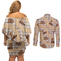 Khaki Palaka Hawaii Cowboy Couples Matching Off Shoulder Short Dress and Long Sleeve Button Shirt Puakenikeni Lei Paniolo Papale Seamless Vibes - Polynesian Pride