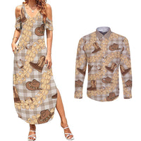 Khaki Palaka Hawaii Cowboy Couples Matching Summer Maxi Dress and Long Sleeve Button Shirt Puakenikeni Lei Paniolo Papale Seamless Vibes - Polynesian Pride