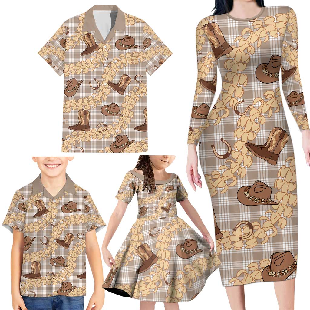 Khaki Palaka Hawaii Cowboy Family Matching Long Sleeve Bodycon Dress and Hawaiian Shirt Puakenikeni Lei Paniolo Papale Seamless Vibes - Polynesian Pride