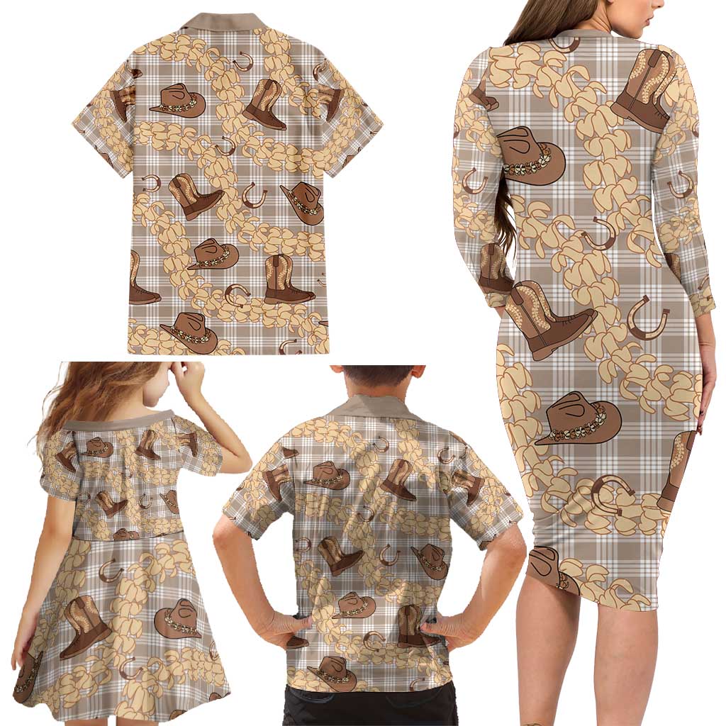 Khaki Palaka Hawaii Cowboy Family Matching Long Sleeve Bodycon Dress and Hawaiian Shirt Puakenikeni Lei Paniolo Papale Seamless Vibes - Polynesian Pride