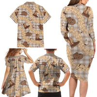 Khaki Palaka Hawaii Cowboy Family Matching Long Sleeve Bodycon Dress and Hawaiian Shirt Puakenikeni Lei Paniolo Papale Seamless Vibes - Polynesian Pride
