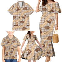 Khaki Palaka Hawaii Cowboy Family Matching Mermaid Dress and Hawaiian Shirt Puakenikeni Lei Paniolo Papale Seamless Vibes - Polynesian Pride
